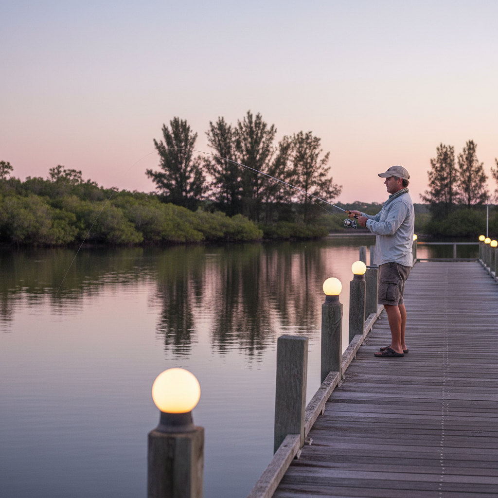 Angler casting a light game rod from a timber jetty in an Australian estuary at dusk