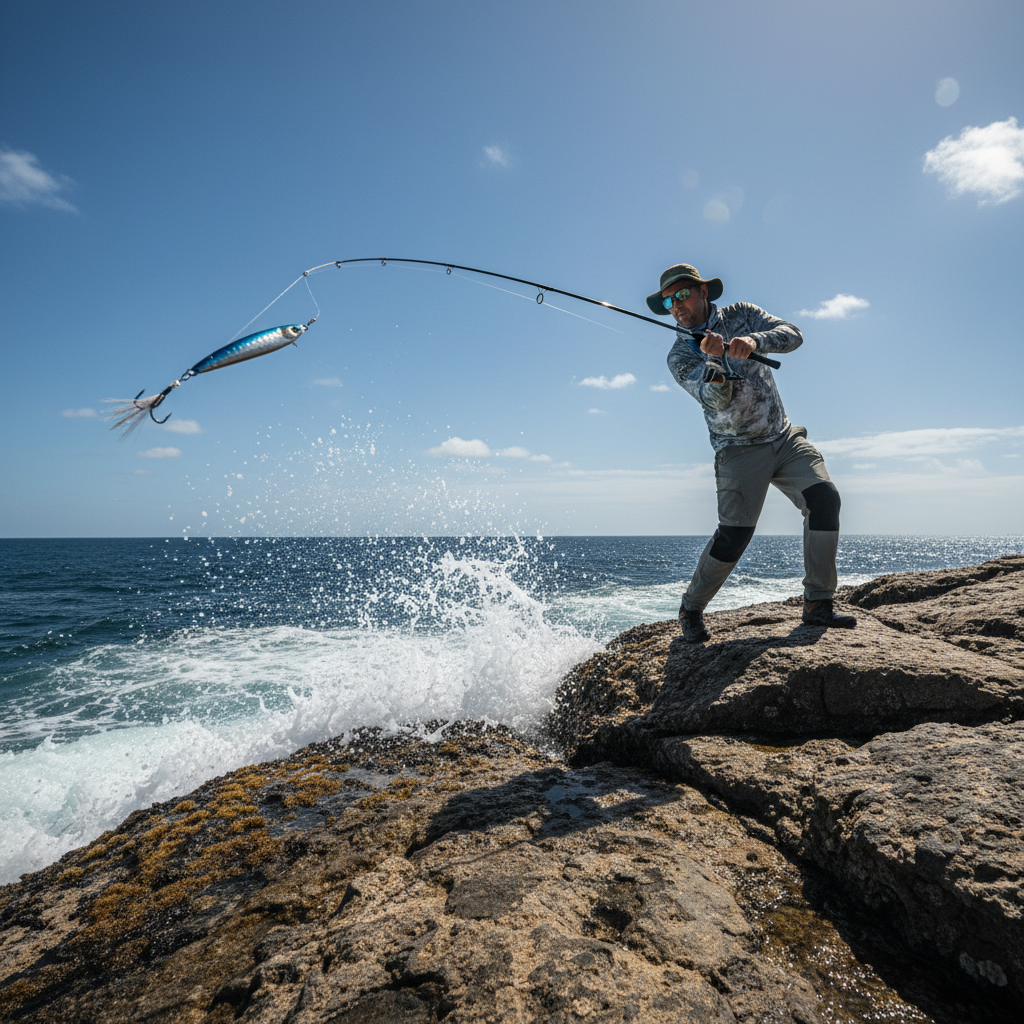 Australian angler casting a JDM metal jig from a rock headland into blue water, jig mid-flight against the spray