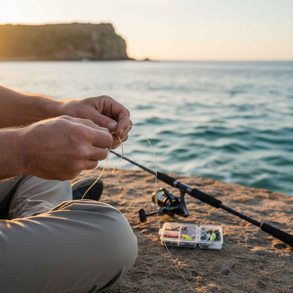 Hands tying an FG knot — PE braid to fluorocarbon leader — on an Australian rock platform at sunrise