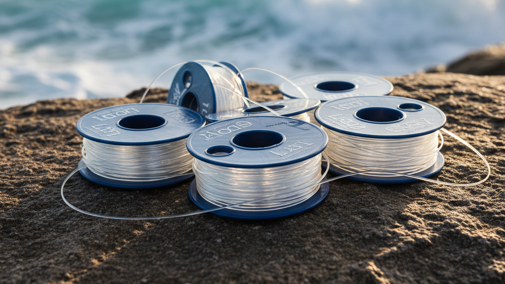 Best fluorocarbon leader spools from Sunline and Seaguar on a coastal rock ledge with ocean behind