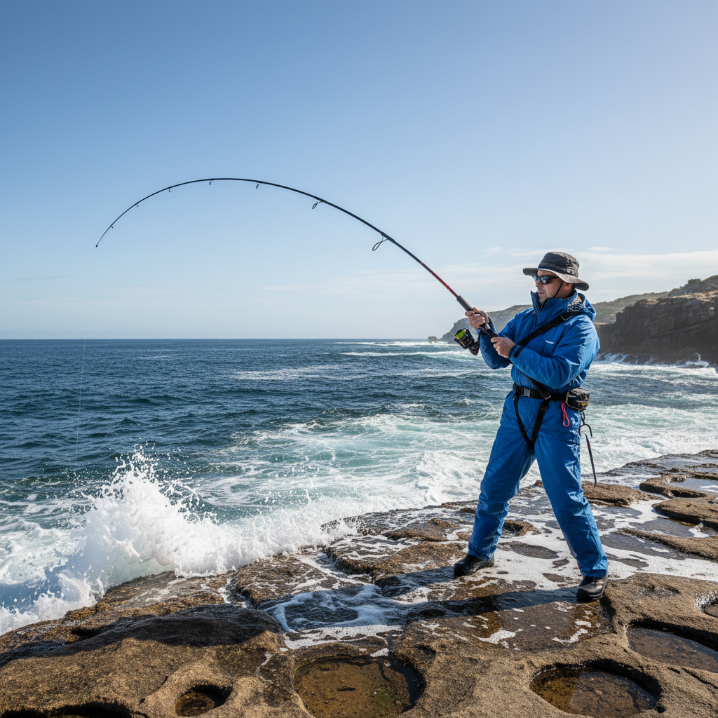 Australian angler holding a long Gamakatsu Gamaiso ISO rod on a Sydney rock platform, rod loaded against a hooked fish