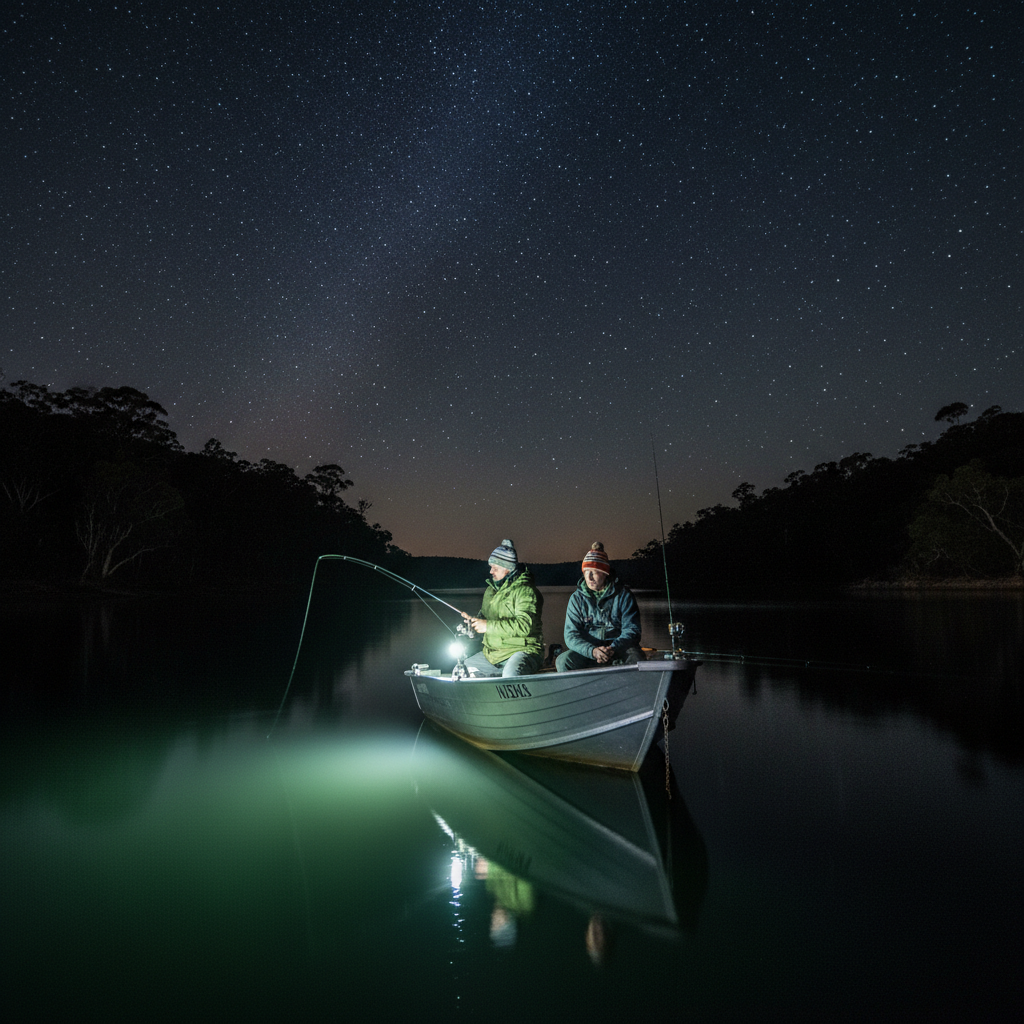 Anglers hairtail fishing at night from an anchored boat on a dark Sydney bay, glow lights reflecting on the winter water