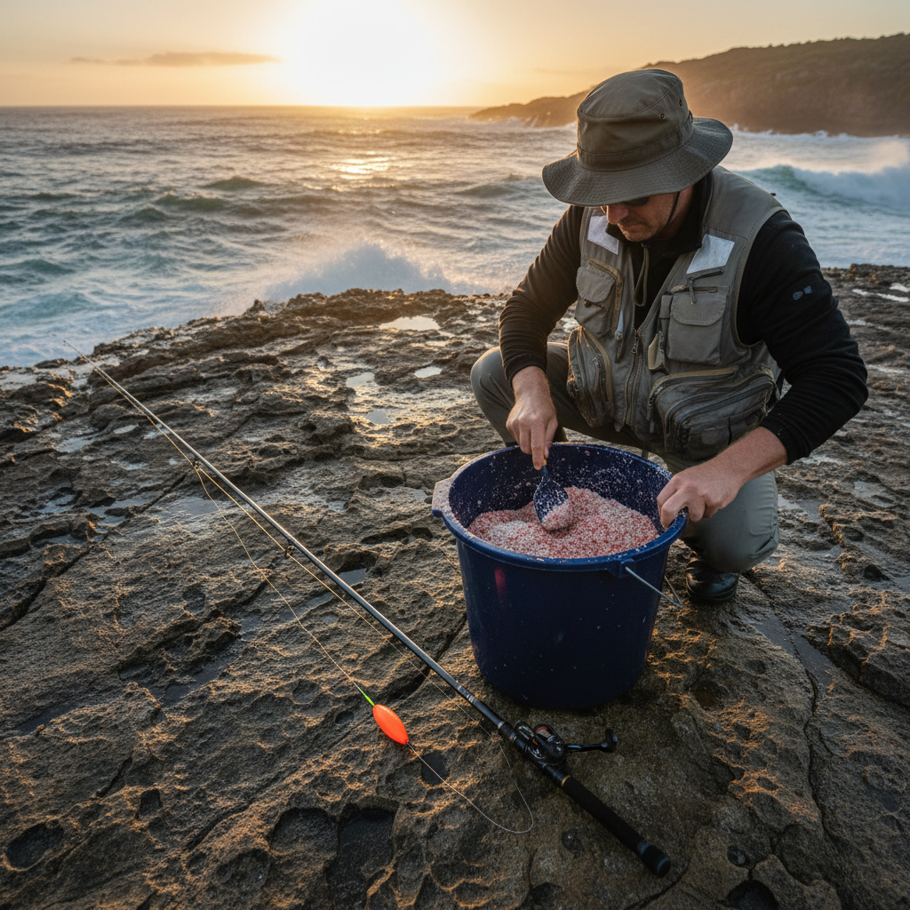 Angler preparing ISO berley in a bucket on an Australian rock ledge at dawn, ISO rod and float resting beside the burley mixer
