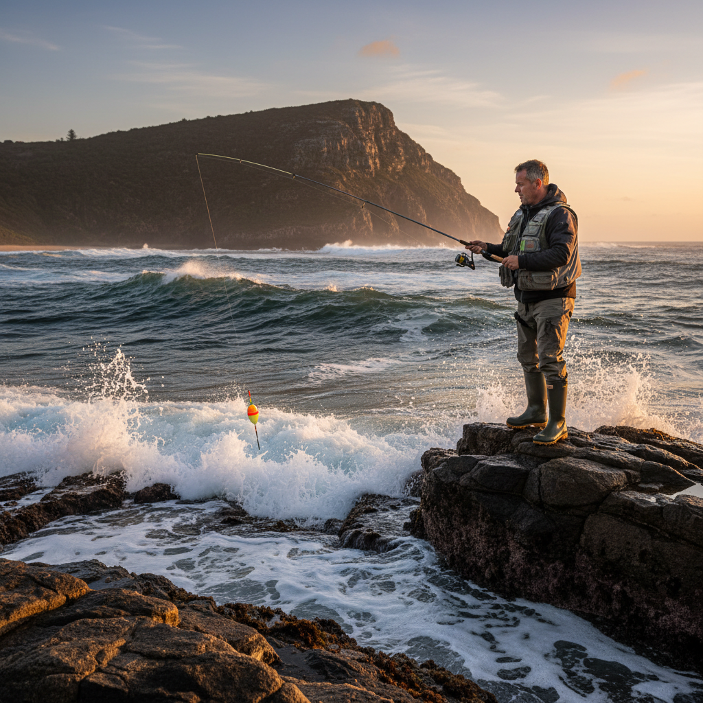 Angler ISO float fishing from an Australian rock ledge at dawn, watching a float drift through the wash zone