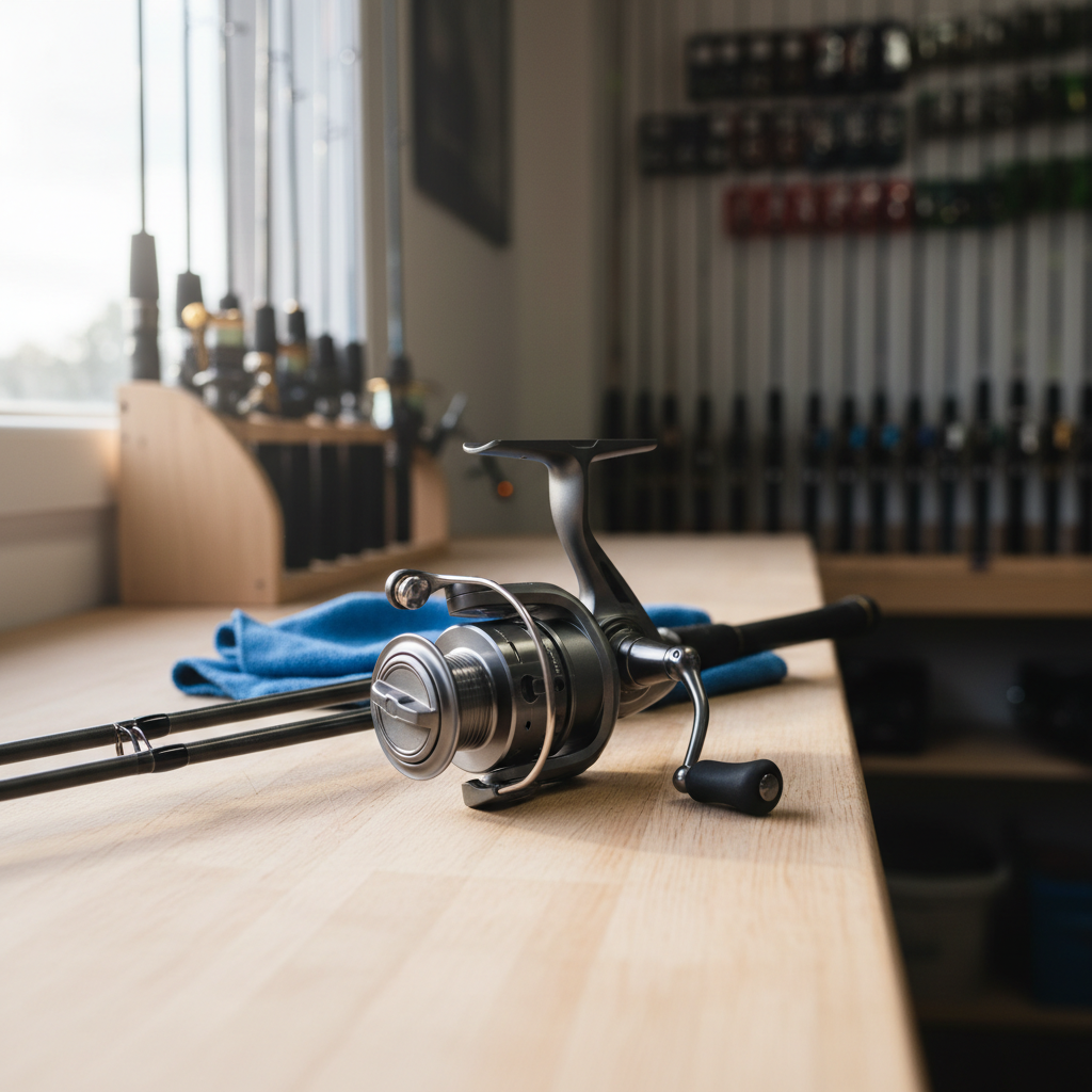 Genuine JDM fishing reel and rod on a workbench in an Australian tackle shop, illustrating JDM warranty and service in Australia