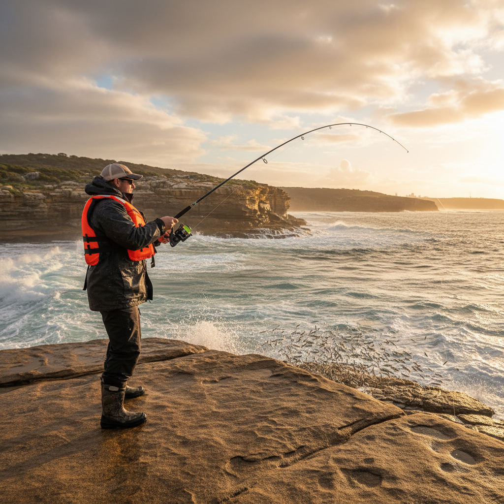 Land-based angler wearing a lifejacket casting from a Sydney sandstone rock platform at dawn in spring, with bait schools in the wash where kingfish hunt