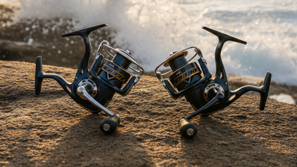 Shimano and Daiwa lever brake reels on a weathered rock ledge with ocean spray behind