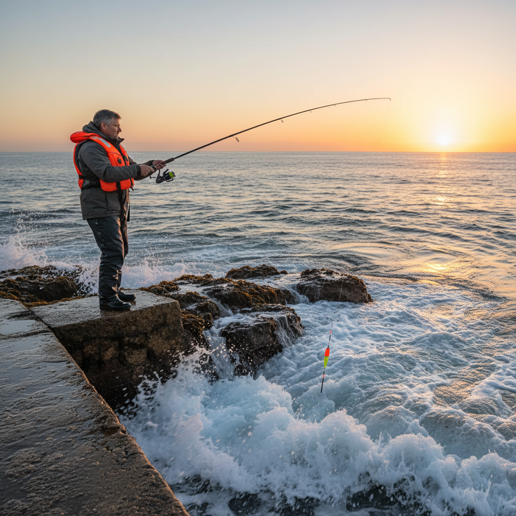 Australian rock angler float fishing for luderick (blackfish) with a long JDM ISO rod on a Sydney breakwall at first light