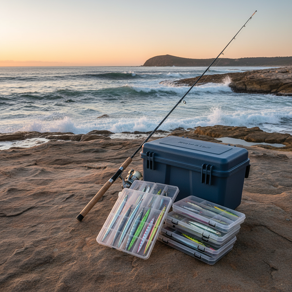 MEIHO tackle box system set up on an Australian rock platform at dawn — base box, clip-on attachments and clear lure cases