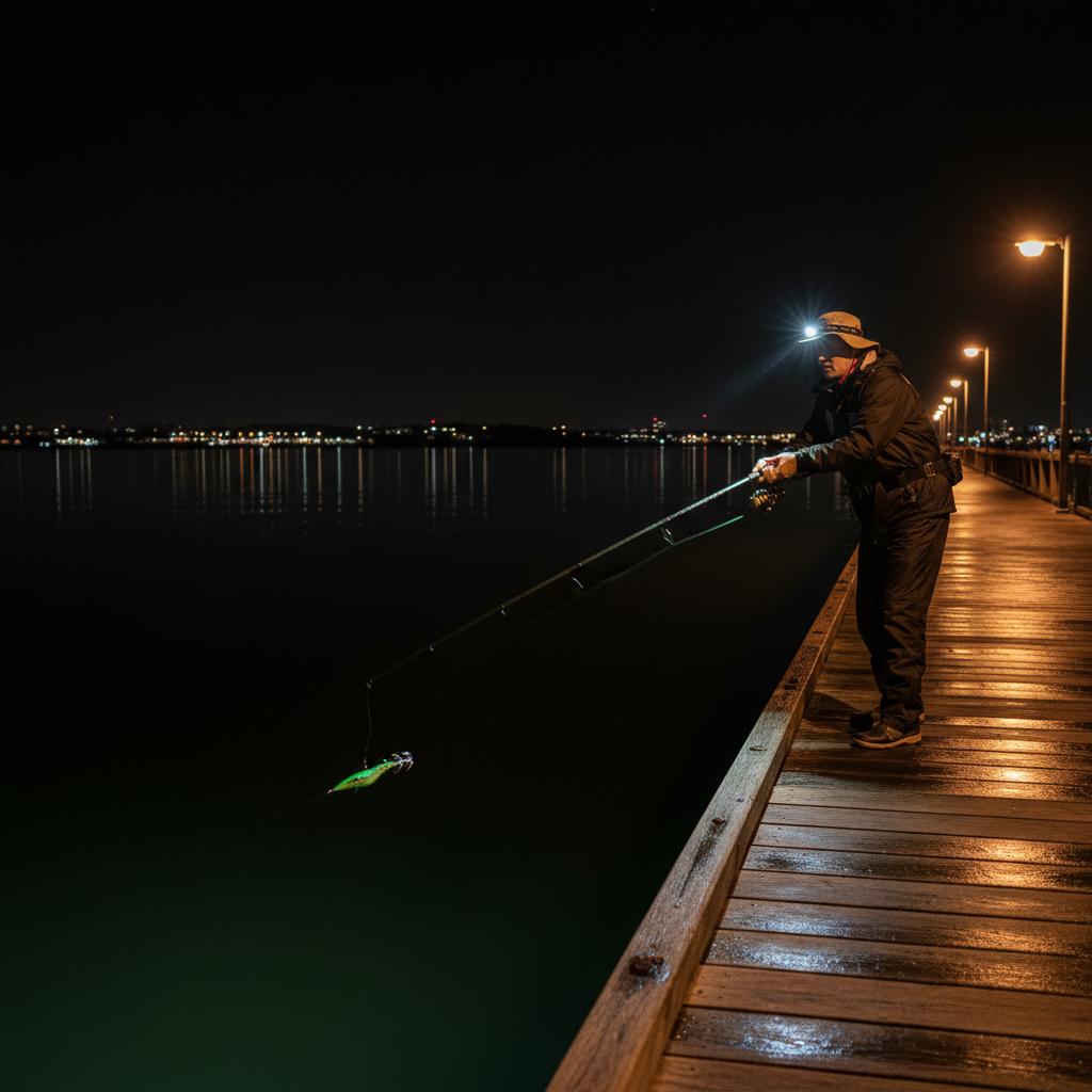 Australian angler night eging from a lit wharf, casting a glowing JDM egi into dark water under a head torch
