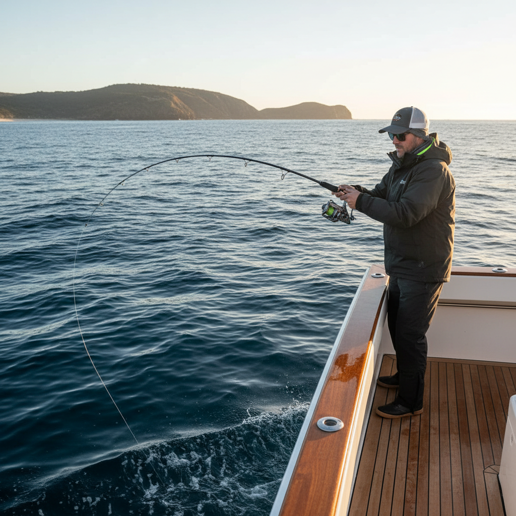 Angler slow pitch jigging offshore in Australia with a deeply bent SPJ rod on a winter morning