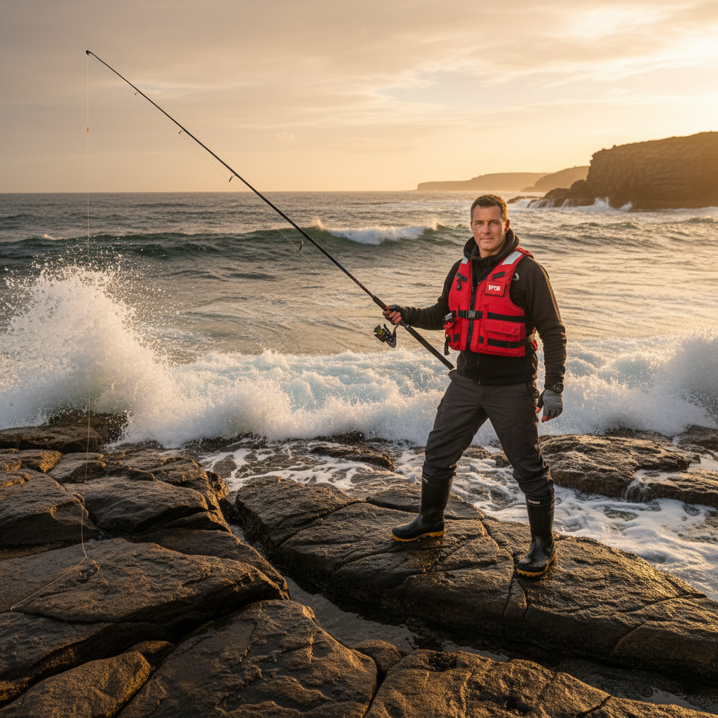 Rock fishing safety gear in action - angler wearing a red PFD lifejacket and cleated boots on a NSW rock platform at golden hour with waves breaking behind