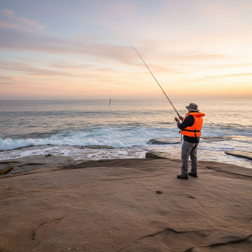 Angler in a lifejacket casting a lure from a Sydney sandstone headland at dawn, snapper lure fishing in spring