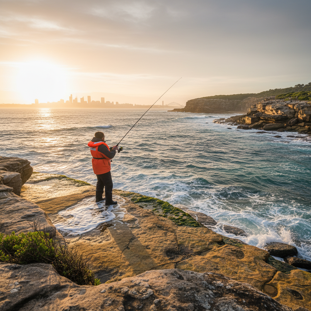 Angler casting from a Sydney sandstone headland at sunrise in early spring, the start of the spring fishing season