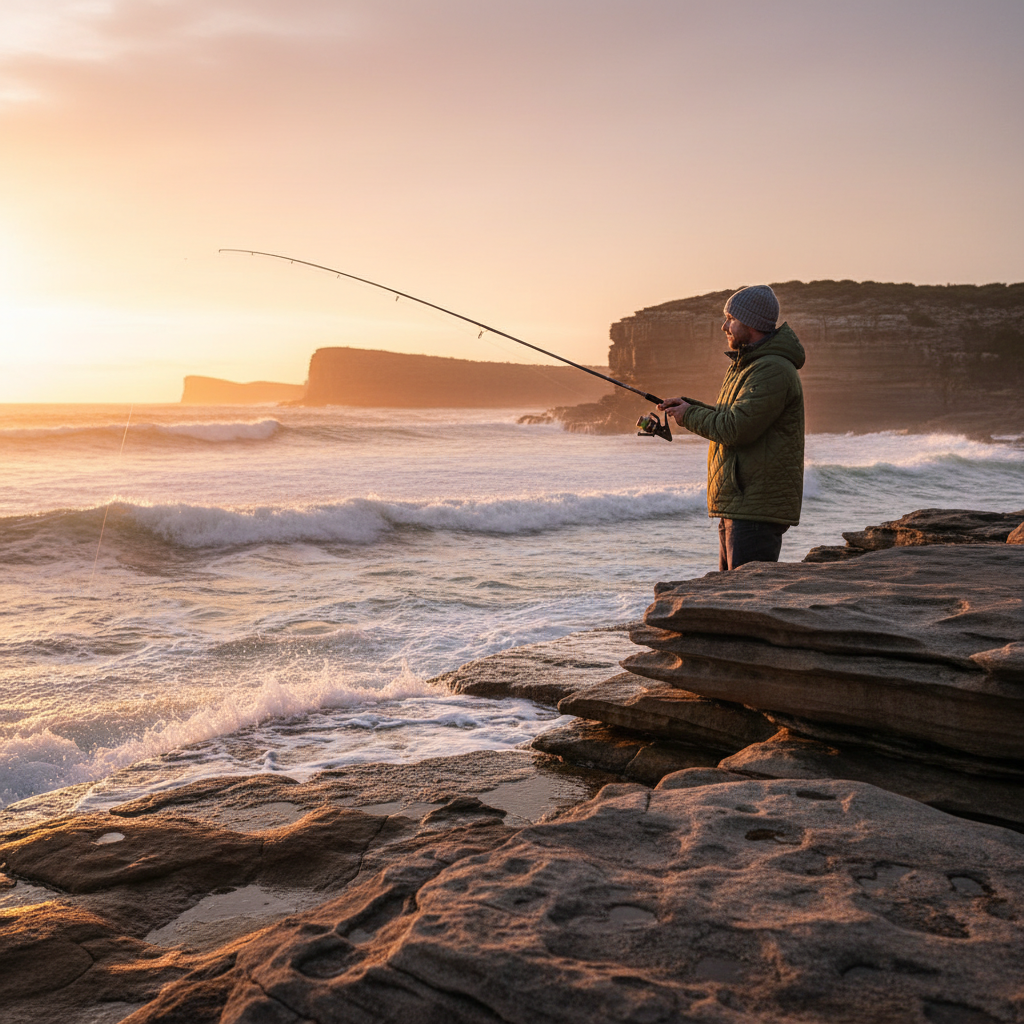 Winter fishing in Sydney — angler on a coastal rock platform at dawn with a long ISO rod
